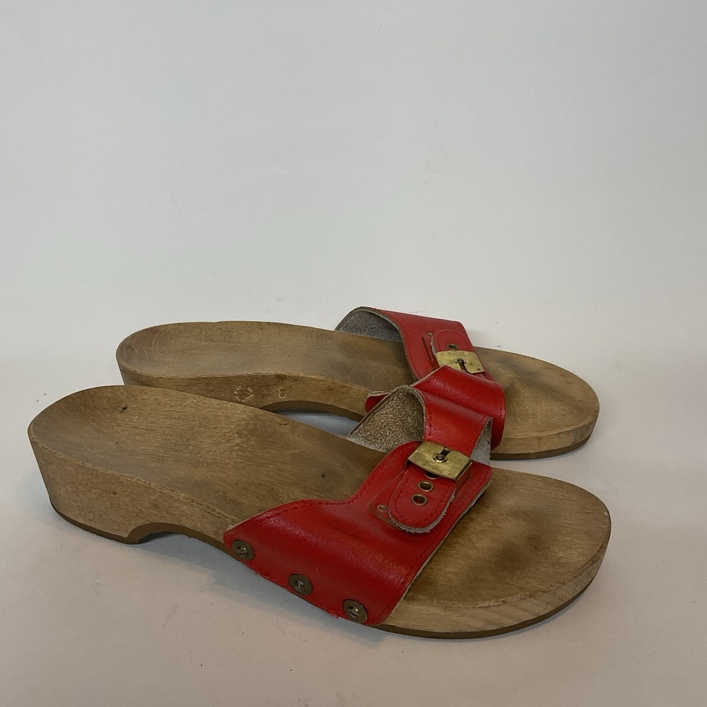 Vintage‎ DR SCHOLLS Women Size 8 Wooden Exercise Sandals Red Leather Wedge Wood